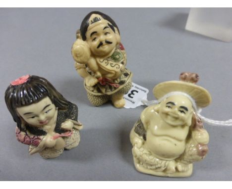 Three netsuke carvings including Buddha, lady and man with offering