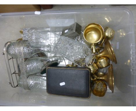 Mixed Lot comprising Two Cut Glass Decanters, Three Glass Bottle Decanter Set on Stand, Various Brass, Cased Silver Plated Nu