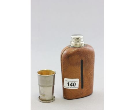 Glass Hip Flask with Leather Sleeve and unusual Collapsable Stirrup Cup Lid