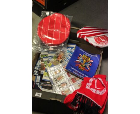 Group of football collectables including programmes, Charlton Athletic hats, tie & scarf, cigarette cards etc