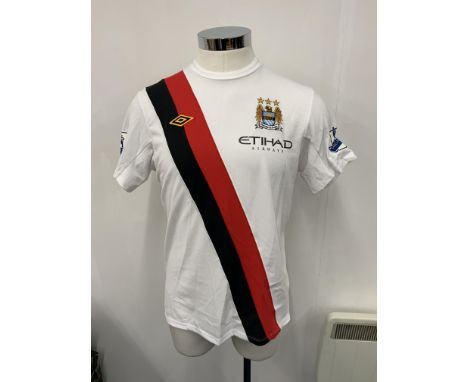 Manchester City 2009 - 2010 Match Worn Football Shirt: White away third shirt number 10 Dzeko to rear with Premier League bad