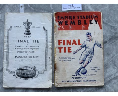 Pre War FA Cup Final Football Programmes: 1934 Portsmouth v Manchester City has cover missing but has ticket stapled inside. 