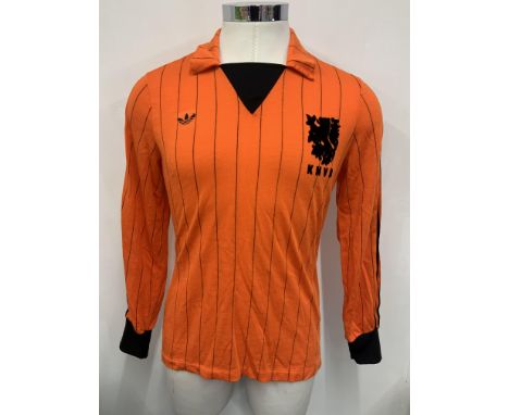 1982 Holland Netherlands Match Worn Football Shirt: Stunning orange with black pin stripes long sleeve shirt. KNVB below lion