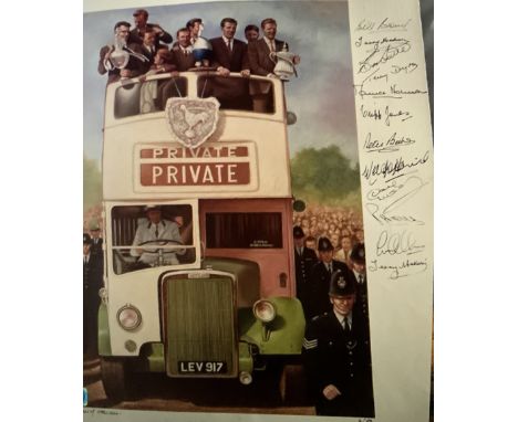1961 Tottenham Double Winners Signed Football Print: Lovely print picturing the open top bus and players holding two cups. Au