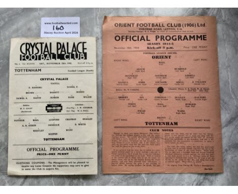 Tottenham Wartime Away Football Programmes: Single sheets at Orient 28 11 1942 and Orient 18 11 1944. Very good with only wri