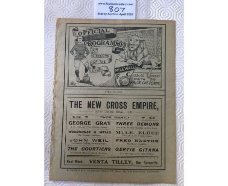 1910 - 1911 Millwall v Brentford Football Programme: Good condition first team match which would have been the Southern Leagu