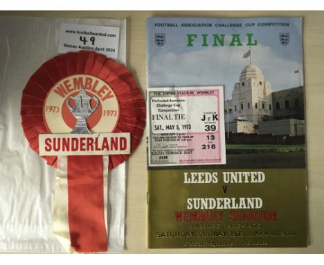 1973 Sunderland FA Cup Final Football Memorabilia: Programme ticket and rosette from the famous win over Leeds. Ideal for fra