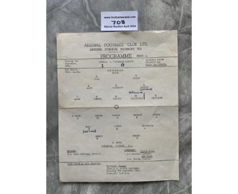 62/63 Arsenal v Tottenham SJFC Final Football Programme: Large single sheet dated 3 9 1963 with fold and team changes. Hard t