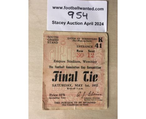 1937 FA Cup Final Football Football Ticket: Preston v Sunderland in fair condition. Number written to rear and slight stain.