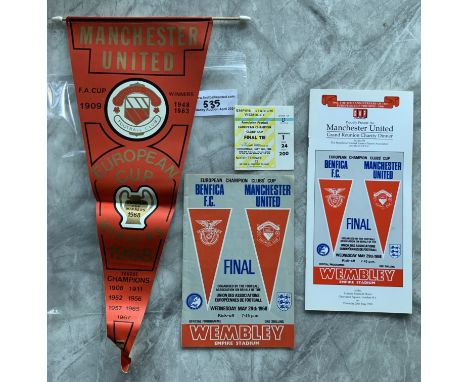 1968 Manchester United European Cup Final Football Memorabilia: Original large pennant made by Coffer in 1968 plus programme 