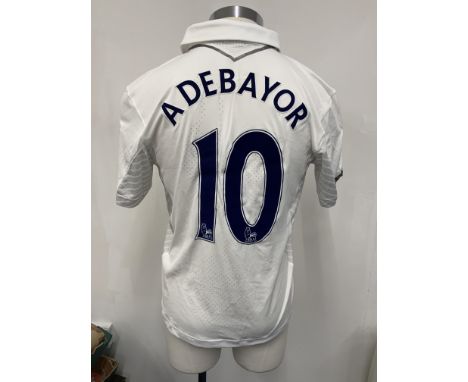 Tottenham 2012 - 2013 Match Worn Football Shirt: White Aurasma sponsored short sleeve shirt with Adebayor 10 to rear. Premier