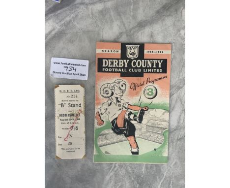 48/49 Derby v Huddersfield Football Ticket + Programme: League programme and ticket which has slight tape marks in the corner