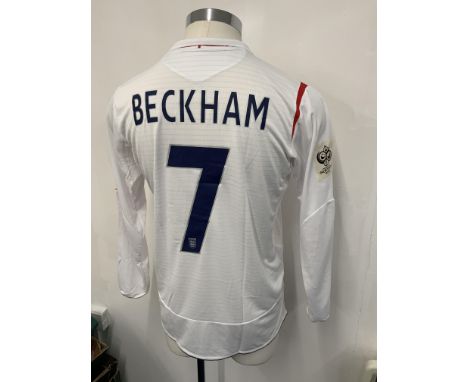 Beckham England 2005 Match Issued Football Shirt: Long sleeve white home shirt issued for the match v Azerbaijan on 30 3 2005