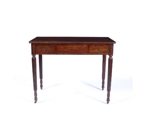 Mahogany side table Early 19th Century, with two fitted frieze drawers on fluted legs on castors, 99cm x 78cm x 55cmCondition