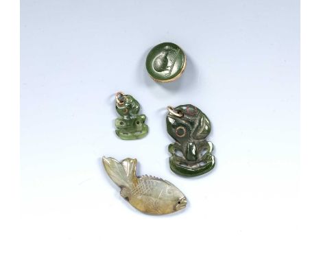 Maori small jade Hei-tikiNew Zealand. with suspension loop 3cm another smaller, 2cm, a carved hardstone fish, 4cm and a nephr