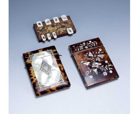 Two tortoiseshell and mother of pearl card cases19th Century, and a Japanese hiramaki-ye and shibayama whist marker (3)Condit