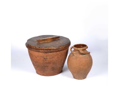 Terracotta planter with a later wooden lid, the planter excluding the lid measures 20cm high x 40cm wide overall, and a potte