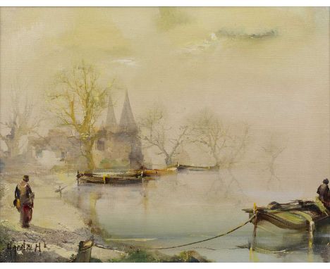 Jorge Aguilar Agon (b.1936)'Collecting seasons' oil on canvas, signed lower left, 35cm x 44cm, 'Untitled harbour scene' oil o