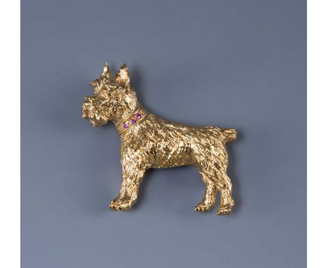 Yellow precious metal broochmodelled as a dog with precious stone studded collar, marked to the reverse '750' 4.3cm across, 9