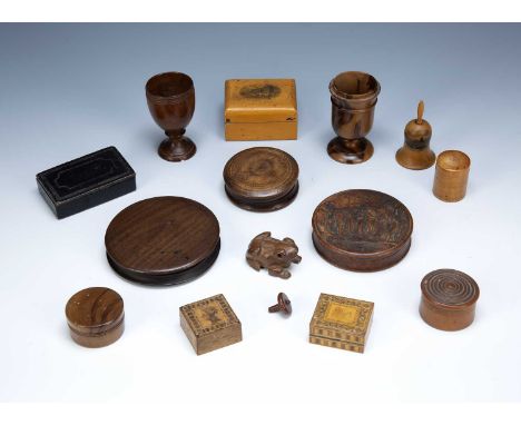 Collection of treen to include: Tunbridge ware stamp boxes, turned boxes, black lacquered snuff box, Mauchline ware, turned b