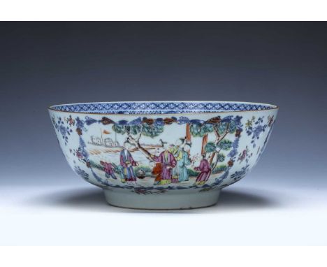 Mandarin export porcelain bowlChinese, Qianlong period, painted with panels of garden scenes with figures, 26cm x 11cmConditi