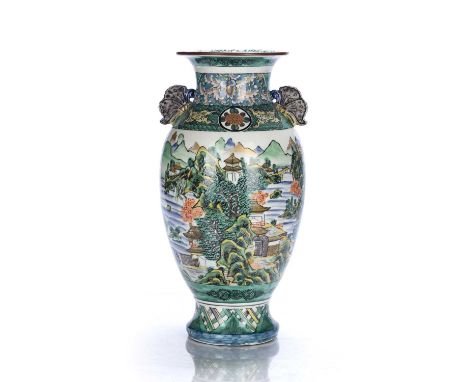Famille verte vaseJapanese, Hizen ware, with painted river landscape scenes, and with butterfly wing handles, marks reads Fuk