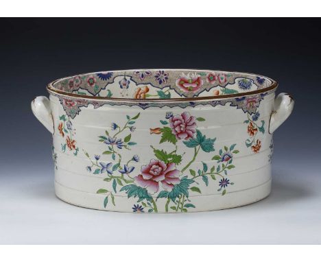 Oval Spode pottery two handled foot bathcirca 1830, with transfer design of peonies, impressed mark and painted pattern, No. 