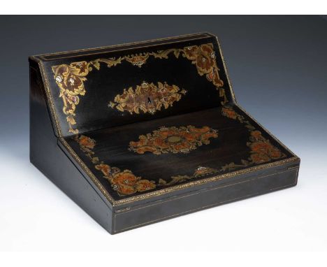 In the manner of Austins of DublinEbonised and coromandel writing slope, Victorian, inlaid with burr walnut, brass and mother