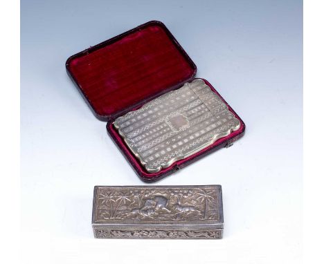 Victorian silver card casewith engine turned decoration in fitted box, bearing marks for Nathaniel Mills, Birmingham, 1846, 1