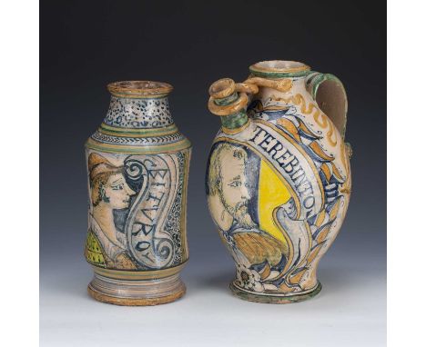 Montelupo style syrup jarpainted with a male head turned to the right, beneath the motto 'Olio de Terebinto', the scroll hand