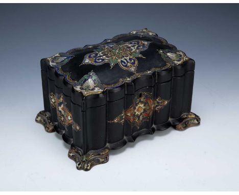 In the manner of Jennens and Bettridge lacquered and painted tea caddy, with serpentine front standing on shaped feet, twin d