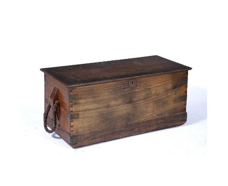Teak trunk/book chestwith rope handles and brass mounts, 100cm long, 44cm deep, 45cm highCondition report: Some losses to the
