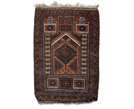 Beluch type prayer rugAfghanistan, with central panel and geometric border, 131cm x 97cm Condition report: Generally good con