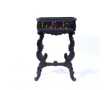 Chinoiserie lacquered planter 19th Century, decorated with figures at a temple scene, on shaped base, 51cm x 82cm x 25cm Cond
