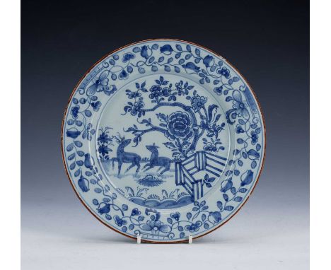 Delftware plate18th Century, painted with two deer and a fence in the Chinese manner, 22cm diameterCondition report: Some fri