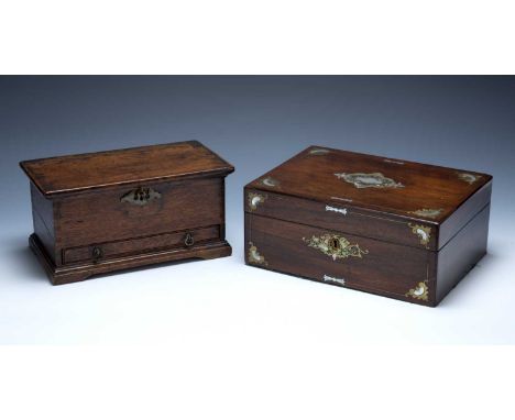 Two 19th Century boxes one an oak apprentice-style box in the form of a miniature coffer with fitted drawer on plinth base, 2