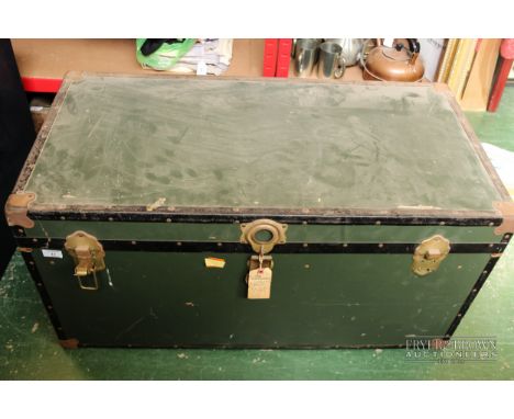 A large composition travelling trunk, wood effect, lined interior, green finish