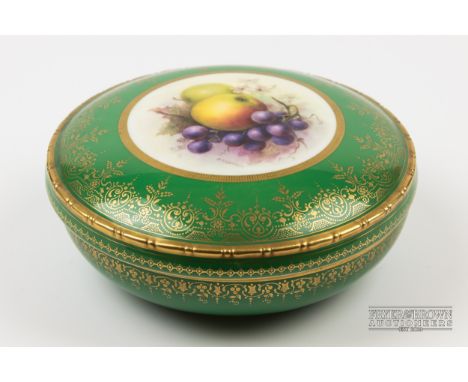 A Royal Worcester porcelain powder bowl &amp; cover, signed R. Sebright, painted with fruit within a bright green border gild