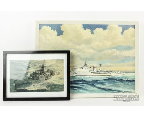 A.J. Smart - ship portrait of HMS Exmouth, oil on board, signed; and a coloured print of HMS Exmouth (2)