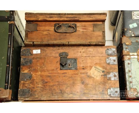 A vintage wooden tool box/small trunk, with iron bindings, the contents including various items relating to fretworking, tool