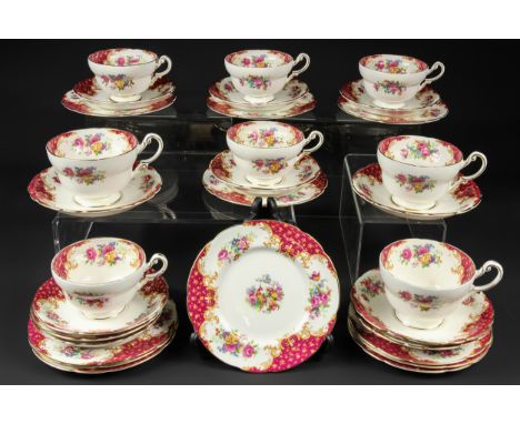 A vintage Paragon fine bone china part tea service, Rockingham pattern, red colourway, comprising eleven side plates, three l