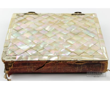 A mother of pearl, lacquer and brass mounted photograph album, c1869, with many Victorian photographs, 27.5 x 21.5cm