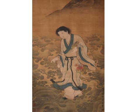 In the style of Liu Jun (Ming Dynasty) but Republican, Portrait of Liu Hai, ink and colour on silk, picture size 73cm x 48.5c