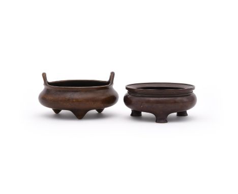 Two Chinese bronze tripod censers, one with Xuande six character seal mark and the other with Xuande six character mark both 