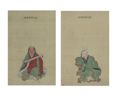 Two Chinese paintings of Luohan, 19th century, Qing Dynasty, one luohan asleep in seated position and the other luohan holdin