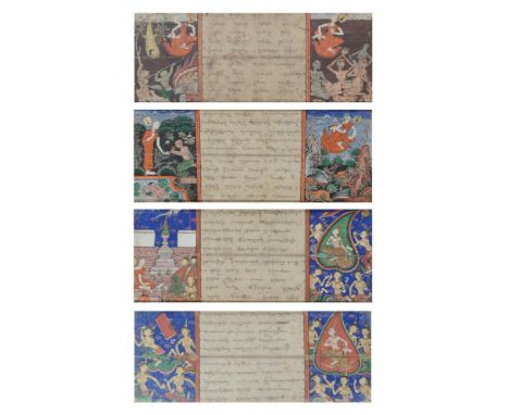 Four attractive Thai manuscript leaves, 19th century, overall size to edge of mount, 26cm x 66cm, framed Condition Report: so