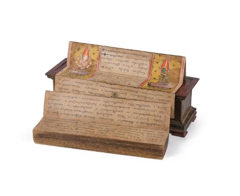 A large Thai manuscript in a lacquered and gilded chest, 19th century, the manuscript with script and also with three double 