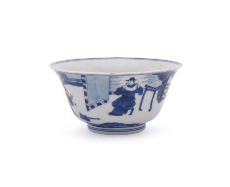 A Chinese blue and white bowl, Kangxi, painted to the exterior with an official seated with a figure before him, the interior