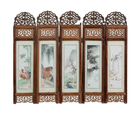 A small Chinese six-panel table screen by Zhu Qing Qi (20th century), 37.5cm high（民国）朱庆祺画六扇桌屏一件Condition Report: paper with s