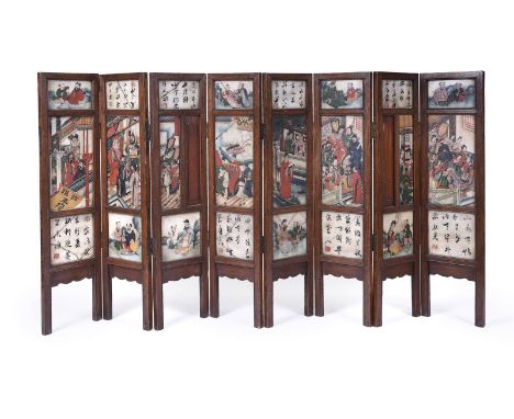 A Chinese painted marble eight-fold screen, late Qing Dynasty, one side painted with celebration scenes and the other side wi